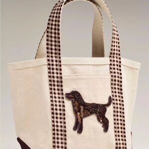 NEW Anthropologie Hartley Canvas Tote Bag Beaded Gingham Pointer Dog NWT
